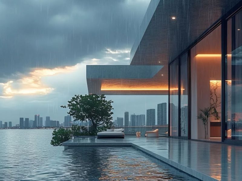Cửa ngoại thất Slim Panorama Kogen An toàn mùa mưa nhờ thiết kế thoát nước hiệu quả