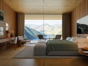 Phòng ngủ hướng sáng khi cửa Slim Panorama mang lại sự cân bằng và tĩnh tại