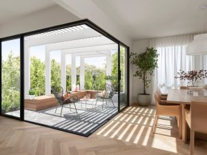 Cửa Slim Panorama mở góc 90° Bước chuyển mềm giữa nội thất và không gian bên ngoài