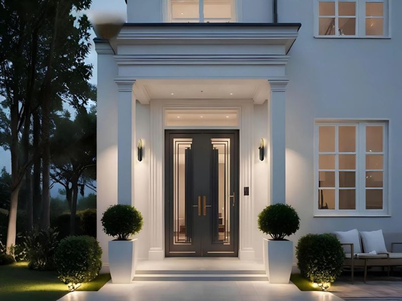 Cửa biệt thự kết hợp kính và nghệ thuật tạo điểm nhấn cho mặt tiền